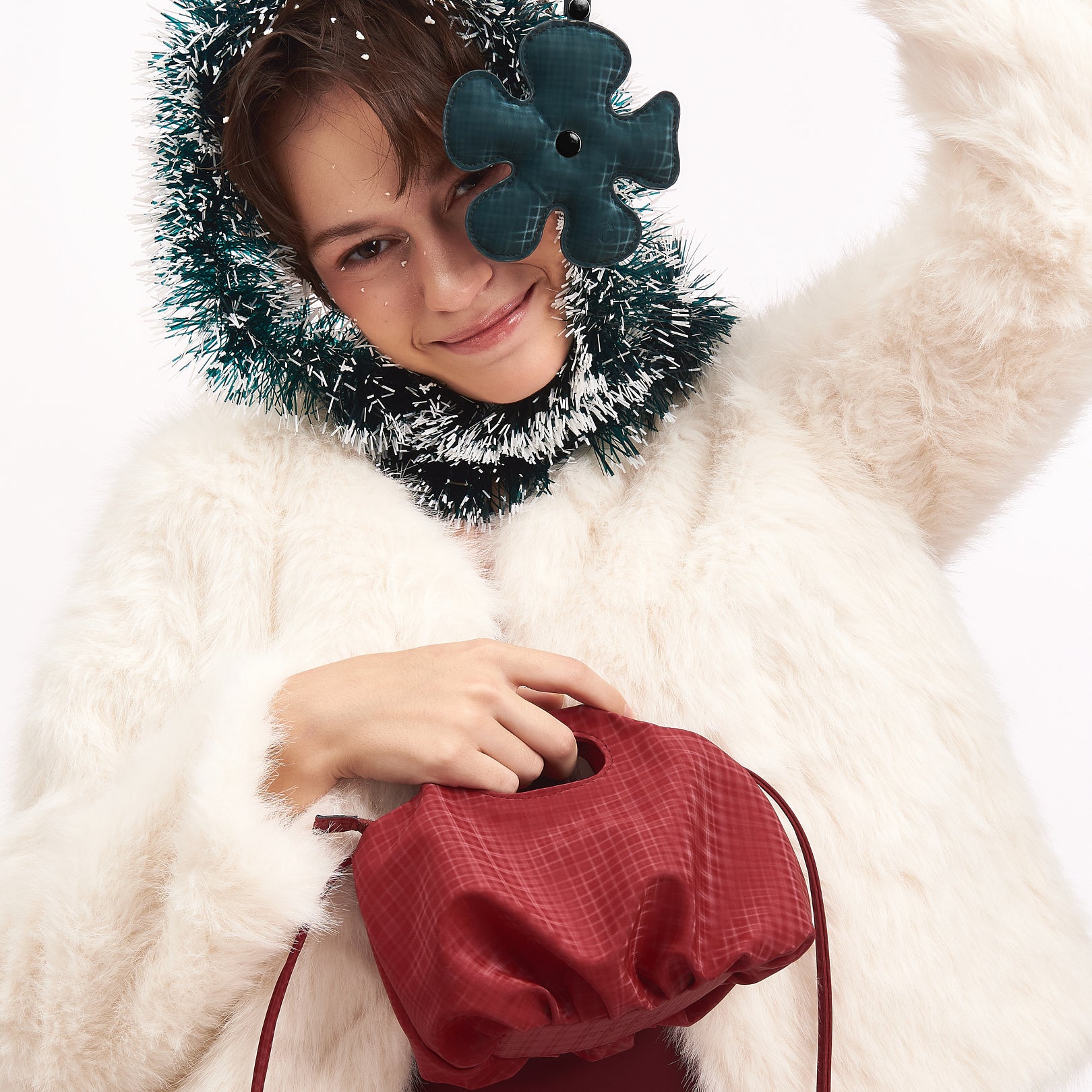 [GET 1 FREE CHARM] Bag Mini Flower Dark Red Checked