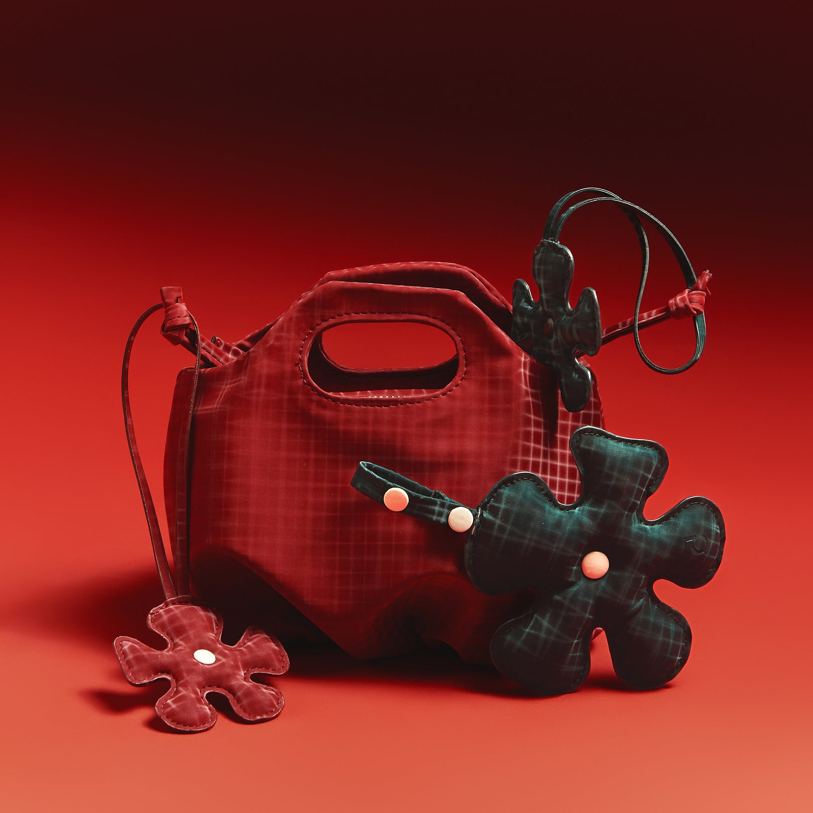 [GET 1 FREE CHARM] Bag Mini Flower Dark Red Checked